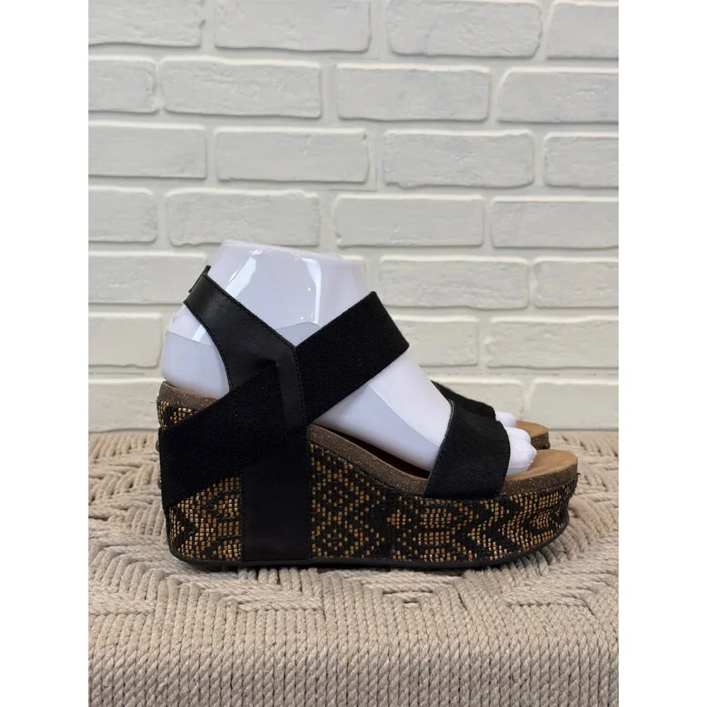 OTBT Bushnell Platform Wedge Sandals Black Calf Hair Size 7